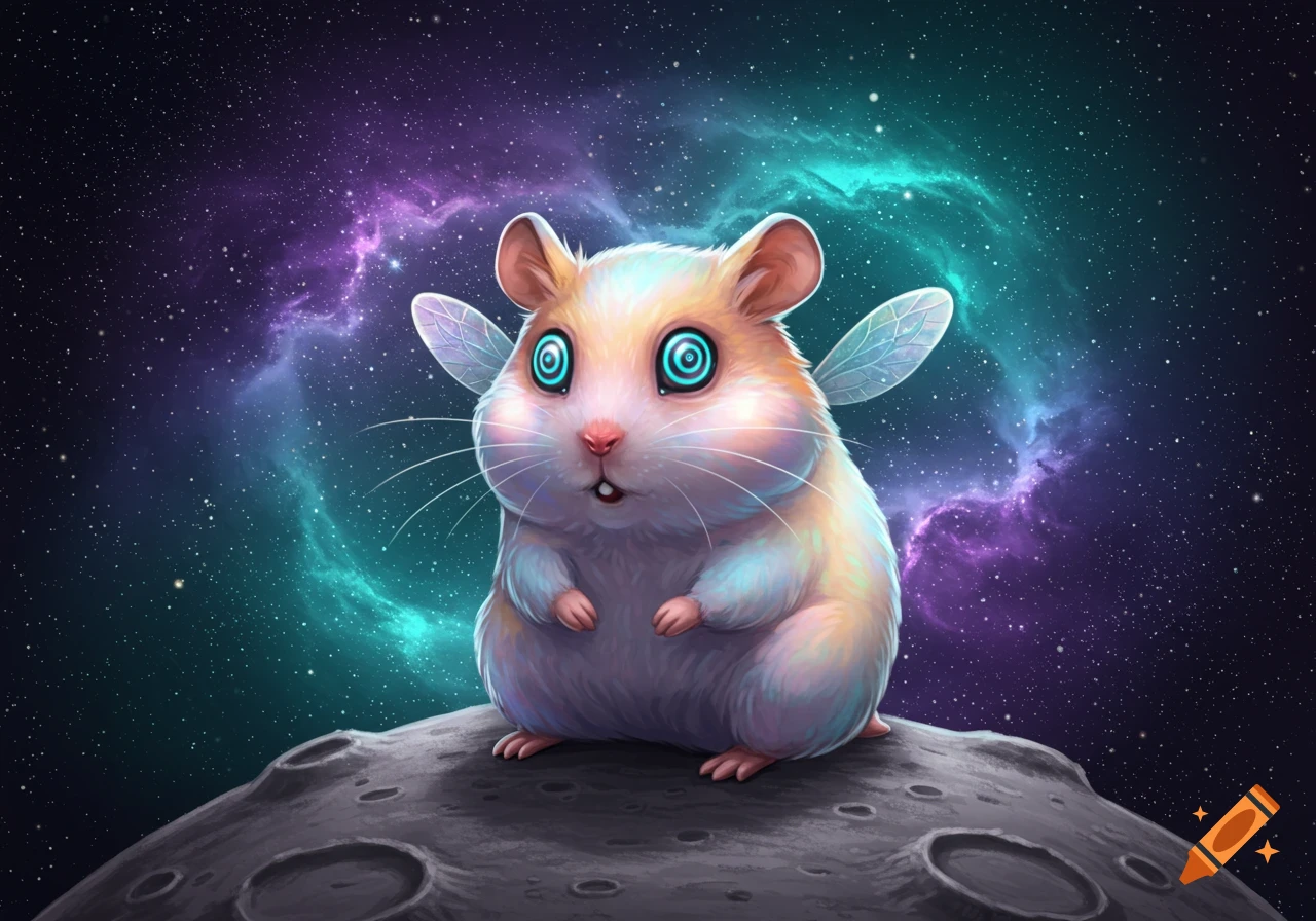 A cute, winged hamster-like alien creature with swirling blue eyes sits on a cratered moon against a vibrant cosmic nebula background.