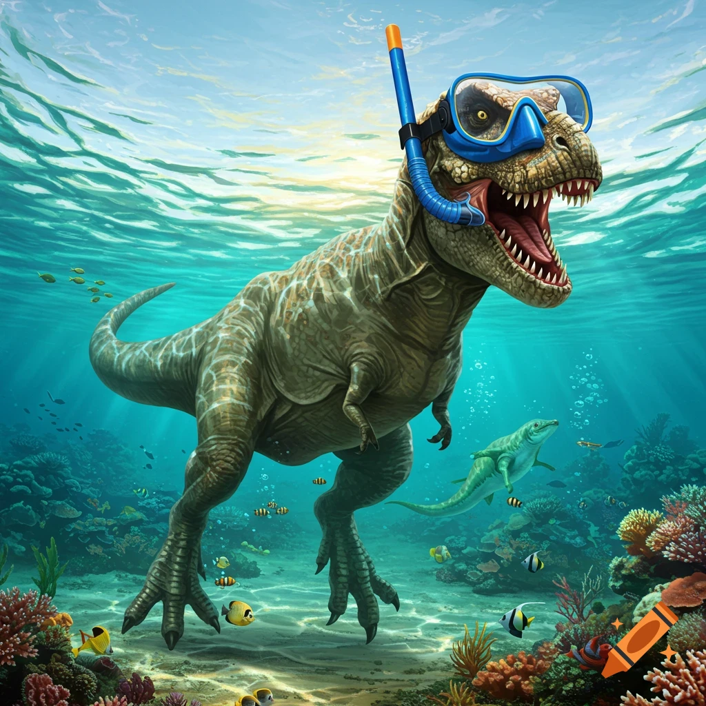 A T-Rex wearing a snorkel and mask swims through a vibrant coral reef, surrounded by colorful fish.