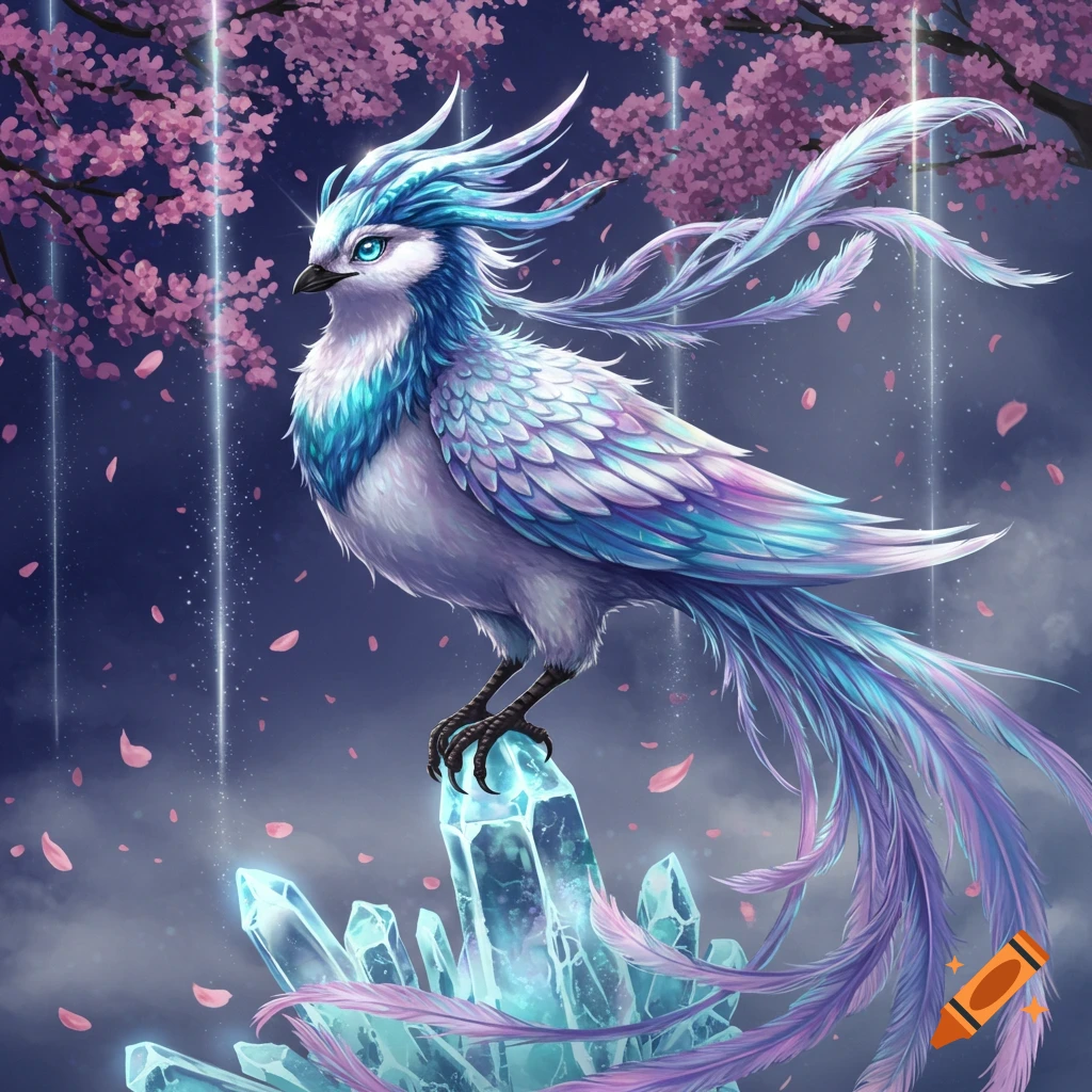 A vibrant fantasy bird with blue and purple feathers and glowing eyes perches on ice crystals, with pink cherry blossoms and petals falling.
