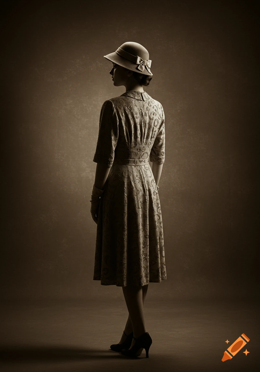 Full-length portrait of a woman in a 1940s vintage dress, hat, and heels, viewed from behind in a sepia-toned, photorealistic style.