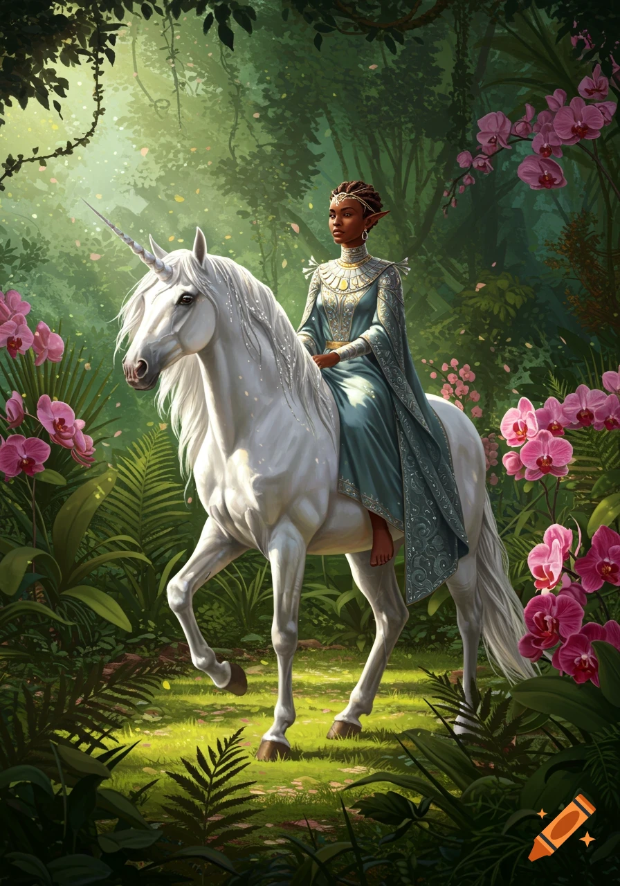 An African woman in elven robes rides a white unicorn through a lush green forest with pink orchids.