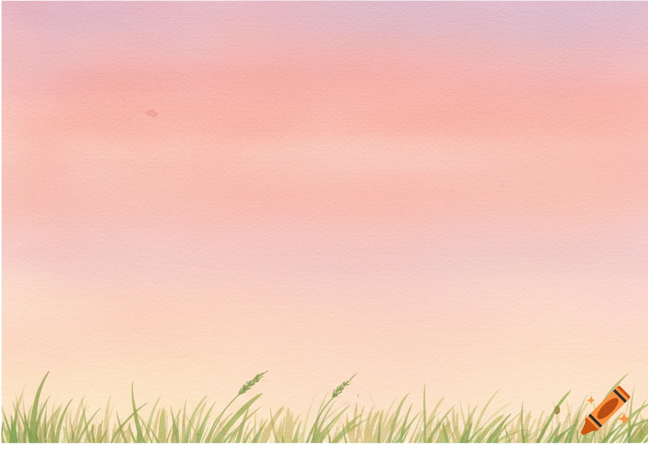 Watercolor painting of a pastel pink and orange gradient sky above a field of green grass.