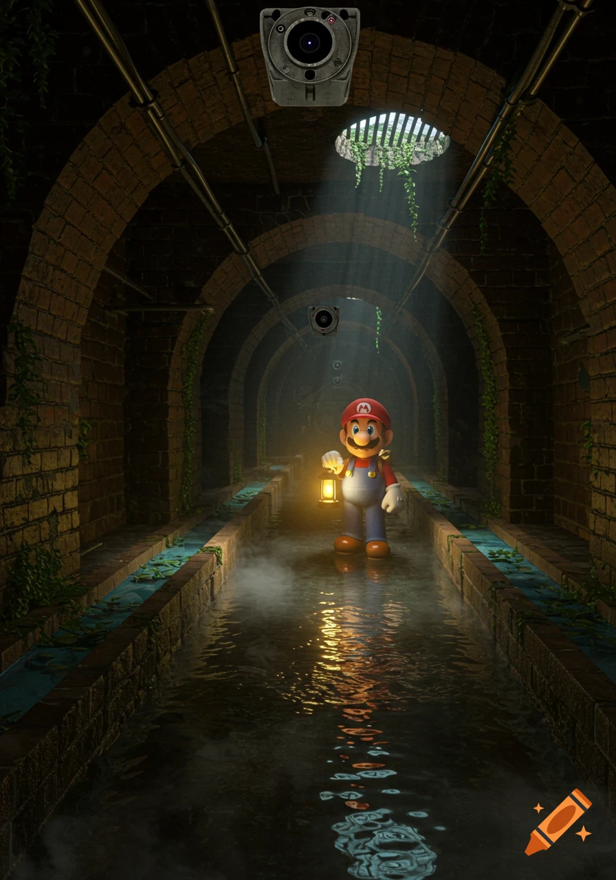 Super Mario holds a lantern, walking through a dark, brick sewer tunnel with water and security cameras.