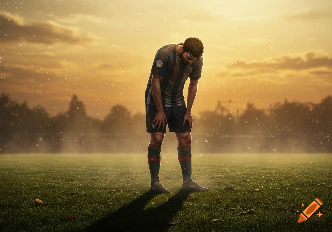 A tired soccer player stands on a grassy field at sunset, looking down with exhaustion.