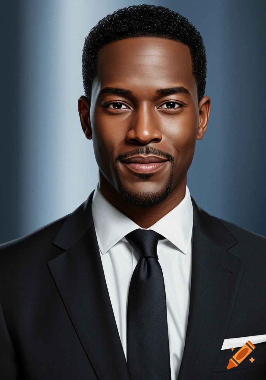 Headshot of a smiling Black man in a black suit, white shirt, and black tie on a grey background.