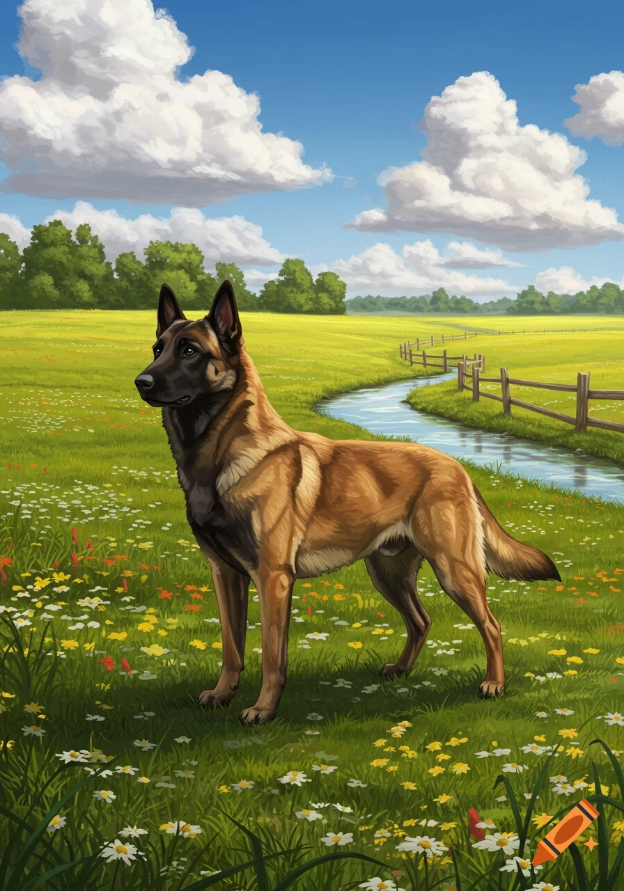 A painterly image of a Belgian Malinois dog standing in a field of wildflowers by a stream under a blue sky.