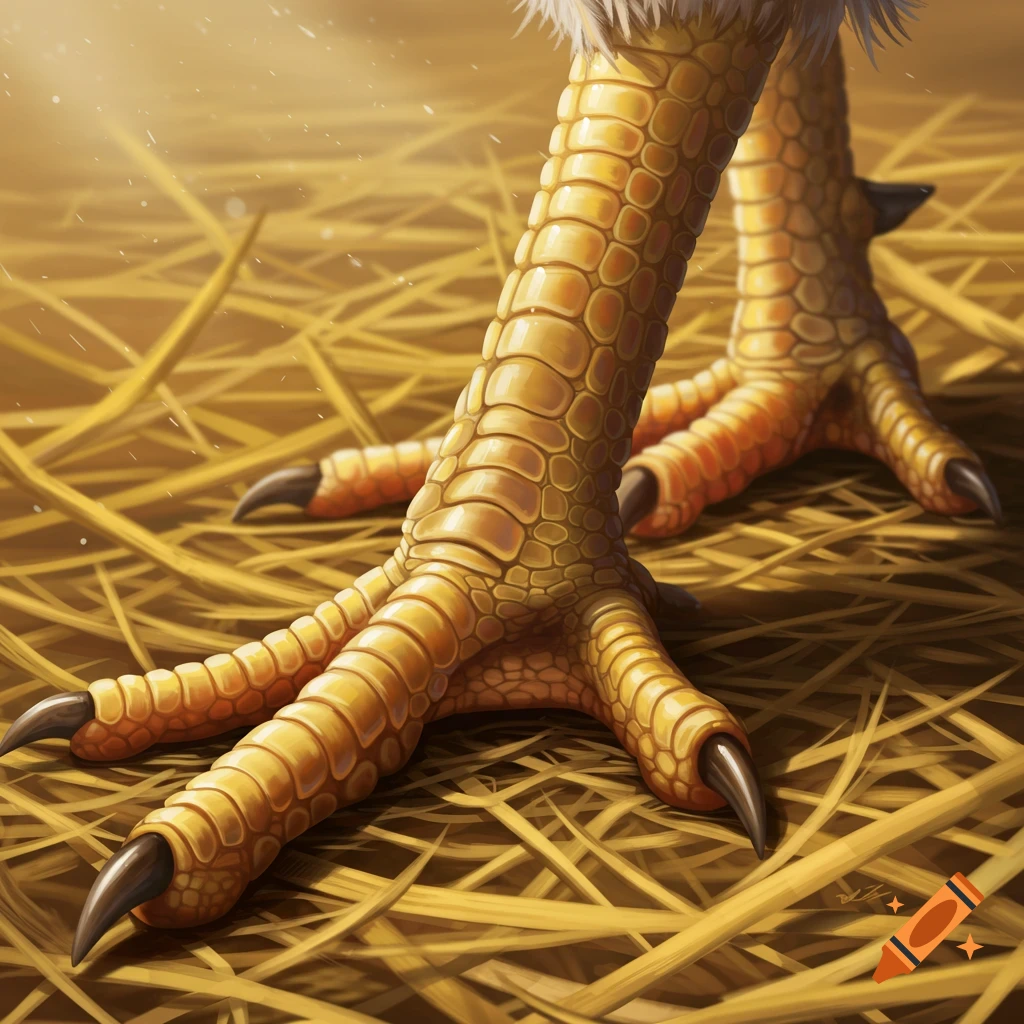Close-up of scaly yellow chicken feet with claws standing in golden straw.