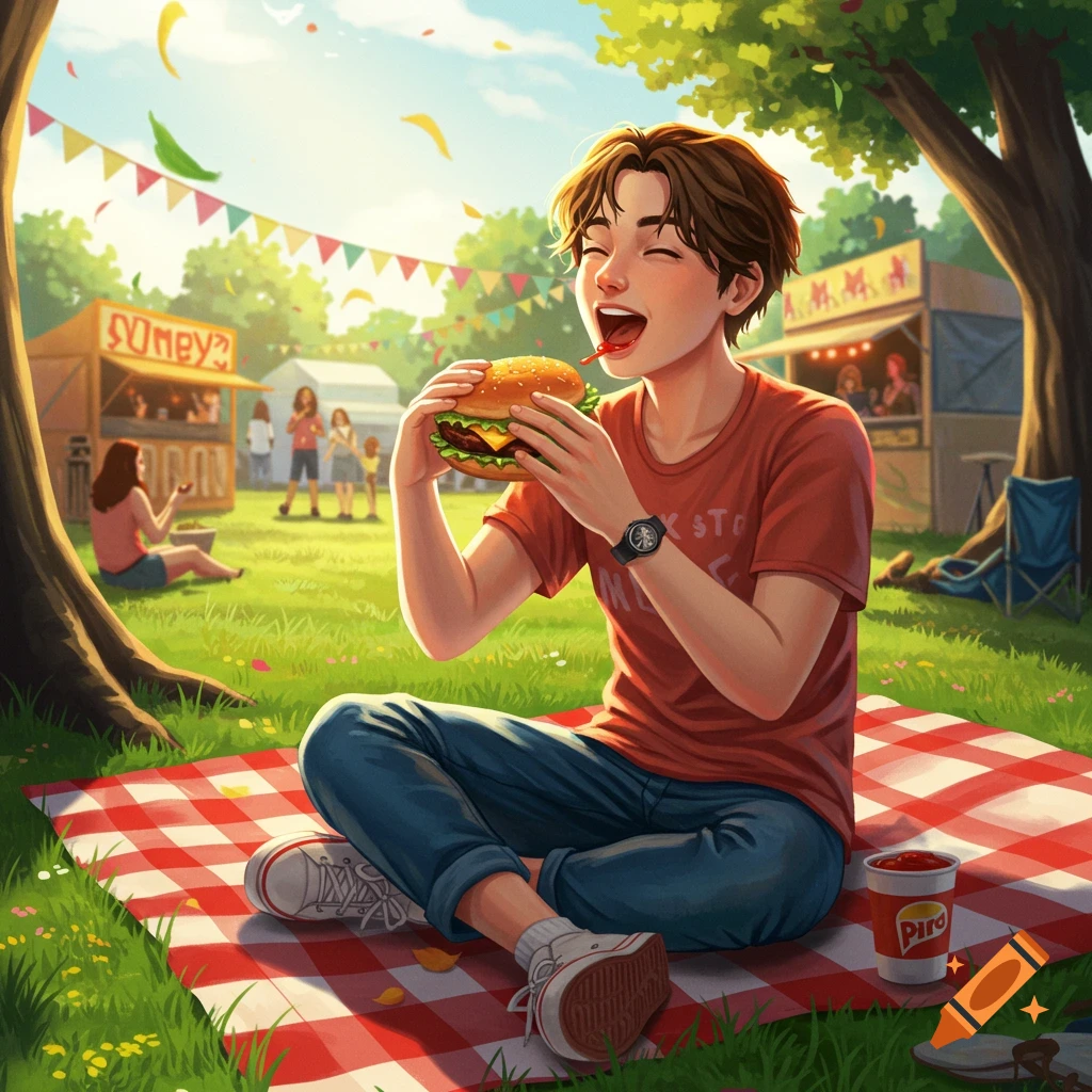 A young person with brown hair happily eats a burger while sitting on a red and white checkered picnic blanket in a sunny park with festival stalls.