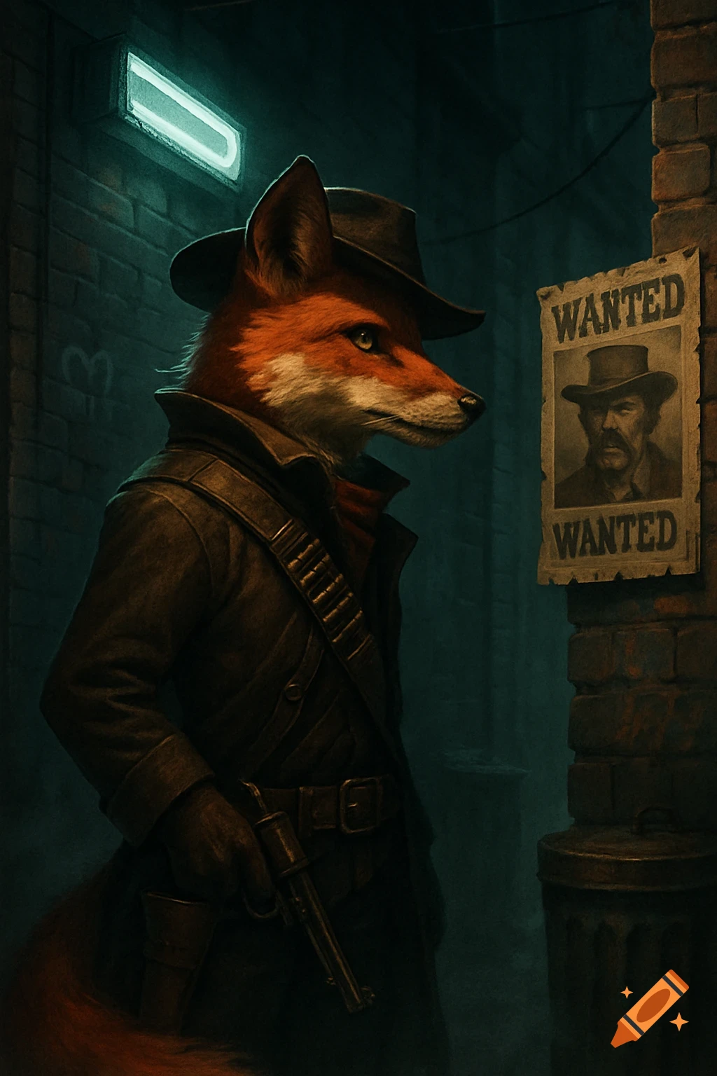 A red fox bounty hunter in a trench coat and hat, holding a pistol, stares at a "WANTED" poster in a dark alley.