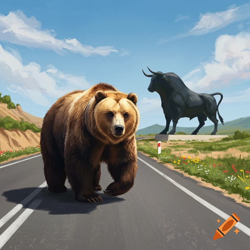 An illustrated brown bear walks on a road, with a black bull statue on a grassy hill in the background.