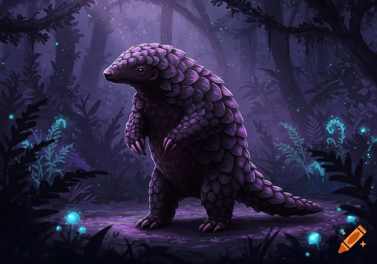 An illustration of a purple pangolin standing on two legs with its arms up in a dark, mystical forest with glowing plants.