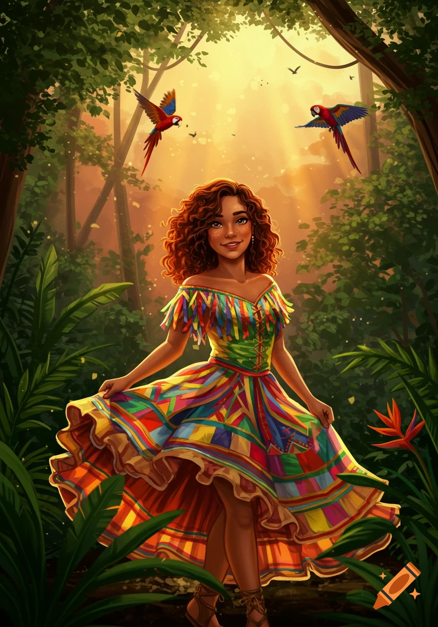 Smiling woman with curly hair in a vibrant, colorful dress in a sunlit tropical jungle with parrots. Illustrated fantasy art.