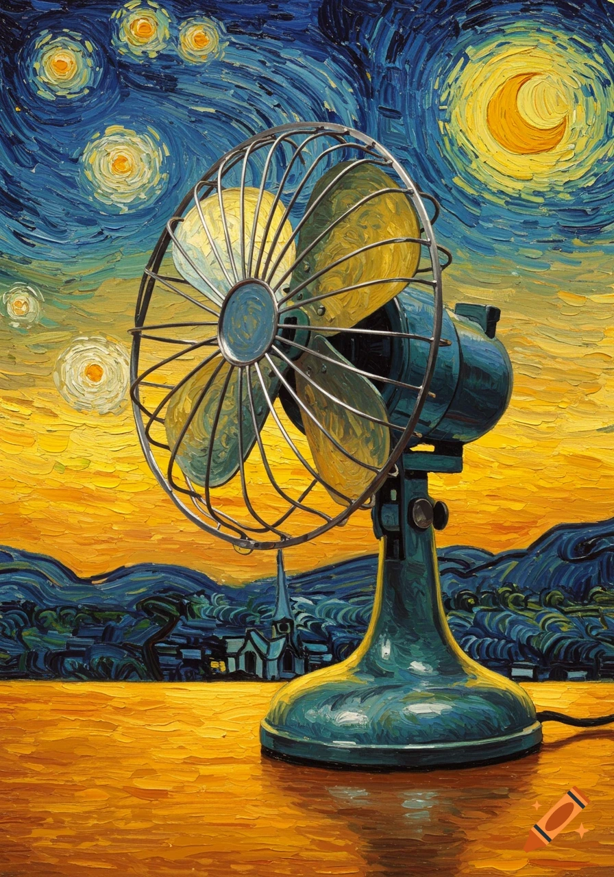 A vintage-style desk fan rendered in Van Gogh's impasto painting style, set against a swirling blue and yellow starry night sky.