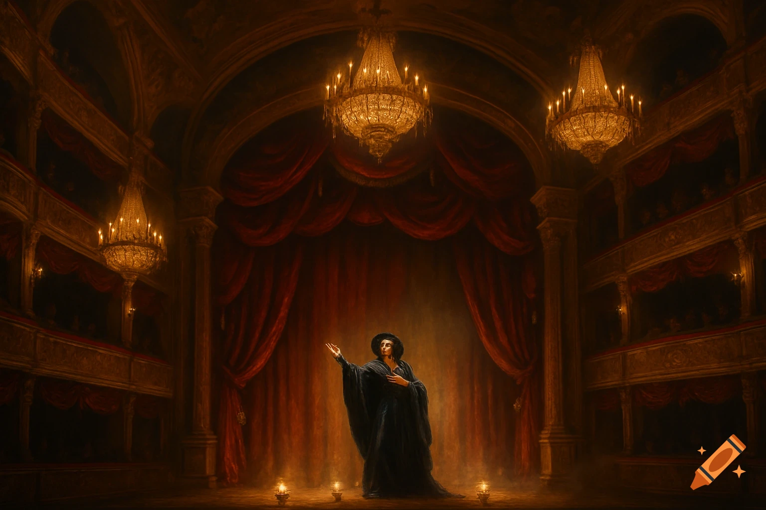 A dramatic, ornate theatre scene with a performer in a dark robe on stage under grand chandeliers.