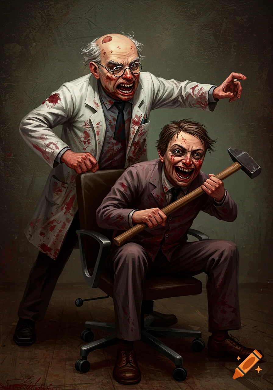 Expressionist painting of two blood-splattered, mad-looking men, one a scientist, the other holding a hammer in a chair.