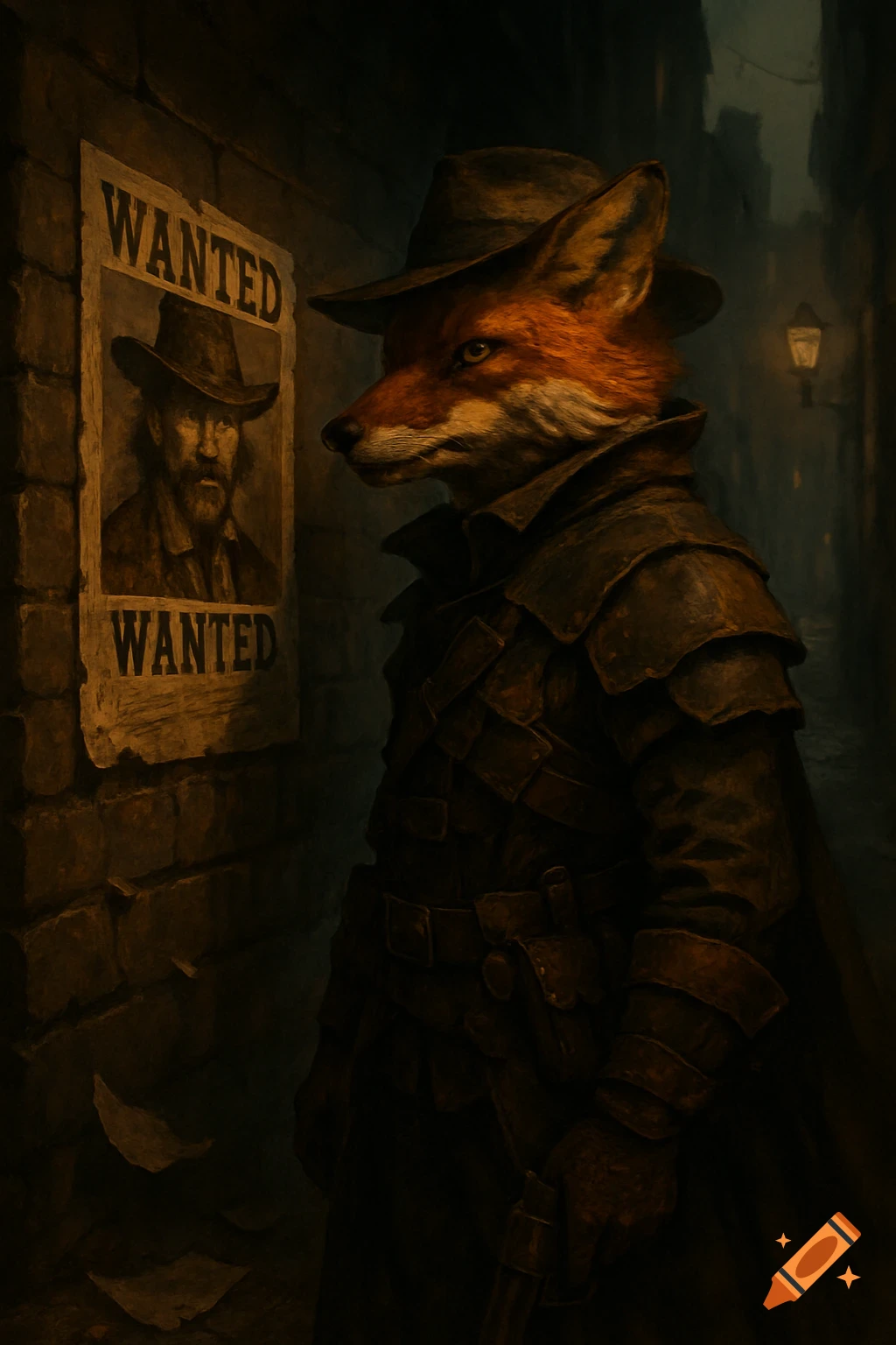 A red fox in a hat and bounty hunter attire looks at a 'WANTED' poster on a brick wall in a dark alley.