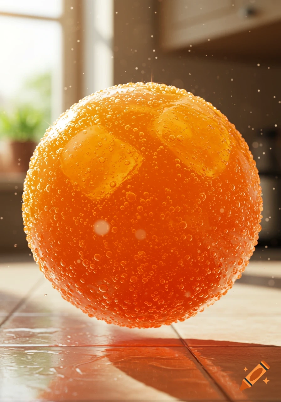 Photorealistic image of a large, effervescent orange soda ball covered in bubbles, floating above a wet tiled surface.