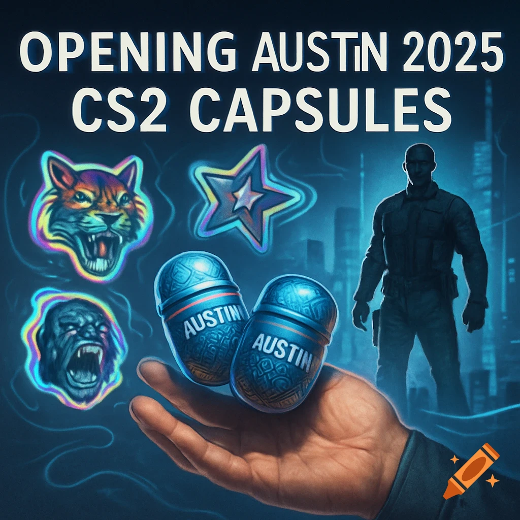 Digital art of a hand holding 'AUSTIN' capsules, text 'OPENING AUSTIN 2025 CS2 CAPSULES', holographic stickers, and a silhouetted agent.