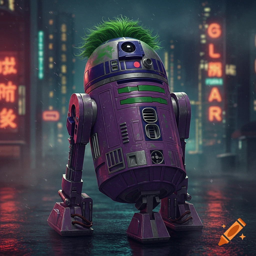 A purple R2D2-like robot with green hair, painted like the Joker, stands in a wet cyberpunk city street at night.