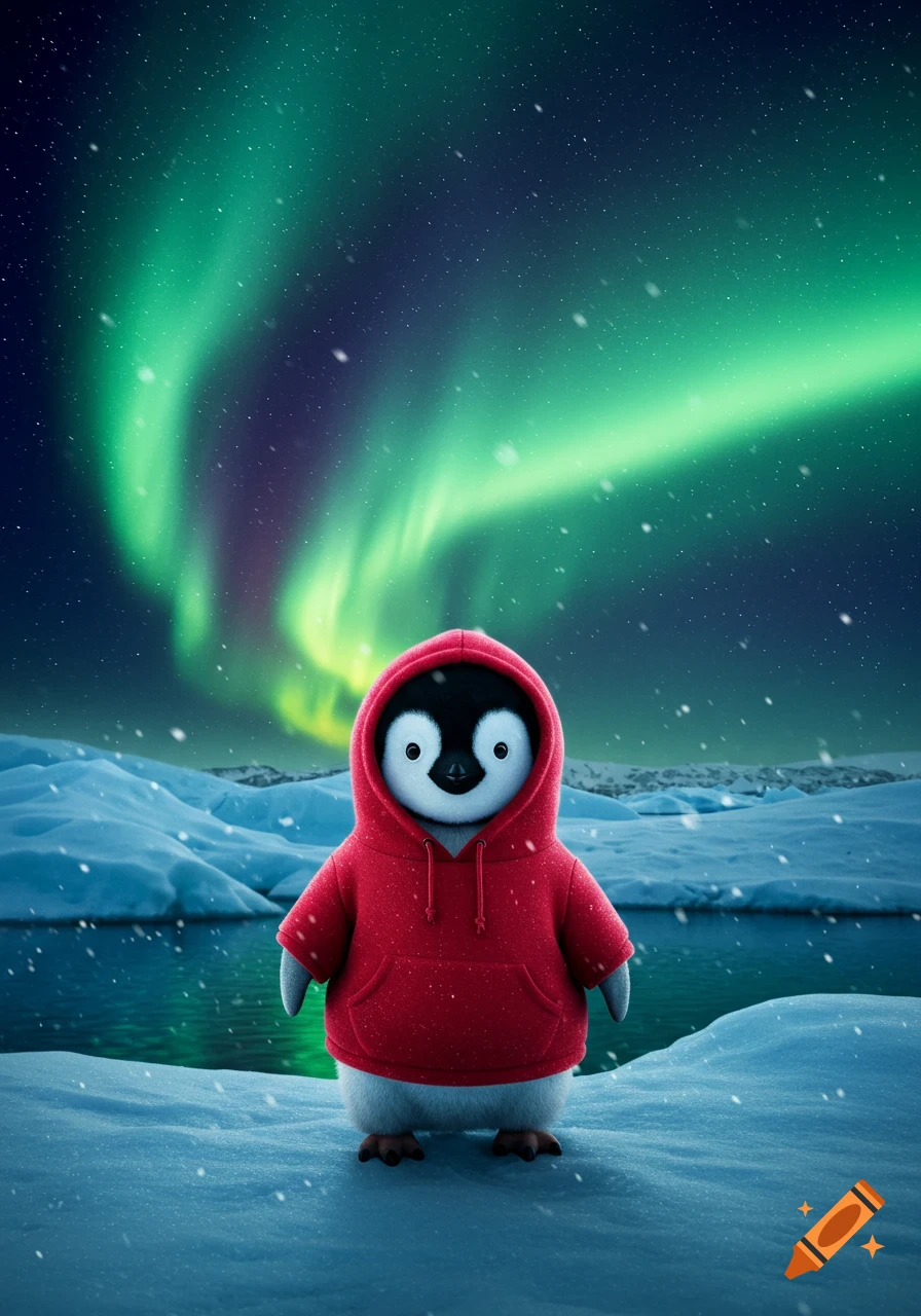 A cute penguin in a red hoodie stands in a snowy arctic landscape under a vibrant green aurora borealis.