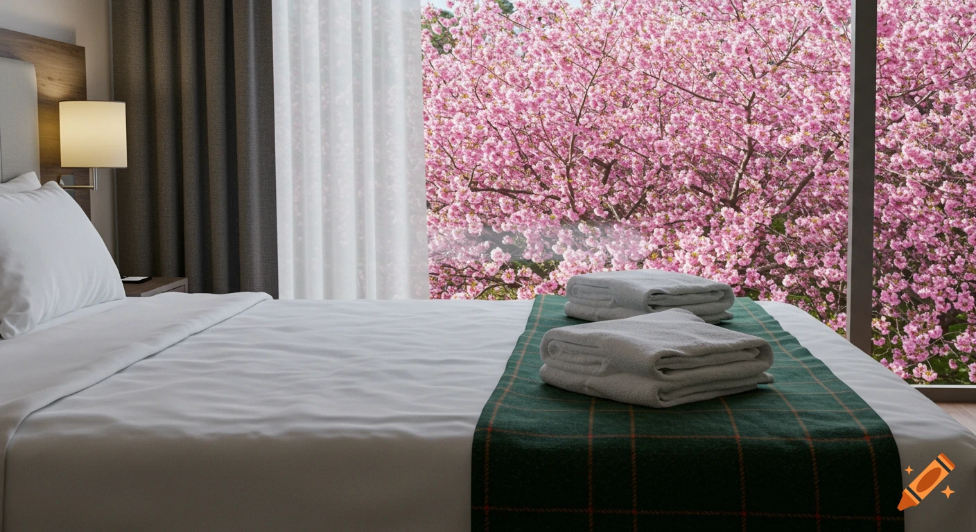 A modern hotel room with a bed, white sheets, a green plaid, and a large window overlooking vibrant pink cherry blossoms.