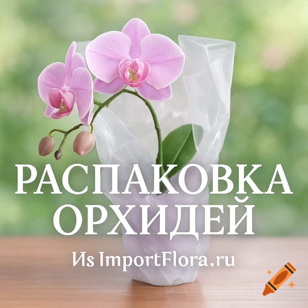 A pink orchid plant in clear plastic packaging sits on a wooden surface against a blurred green background. Text overlay reads "РАСПАКОВКА ОРХИДЕЙ" and "Из ImportFlora.ru".