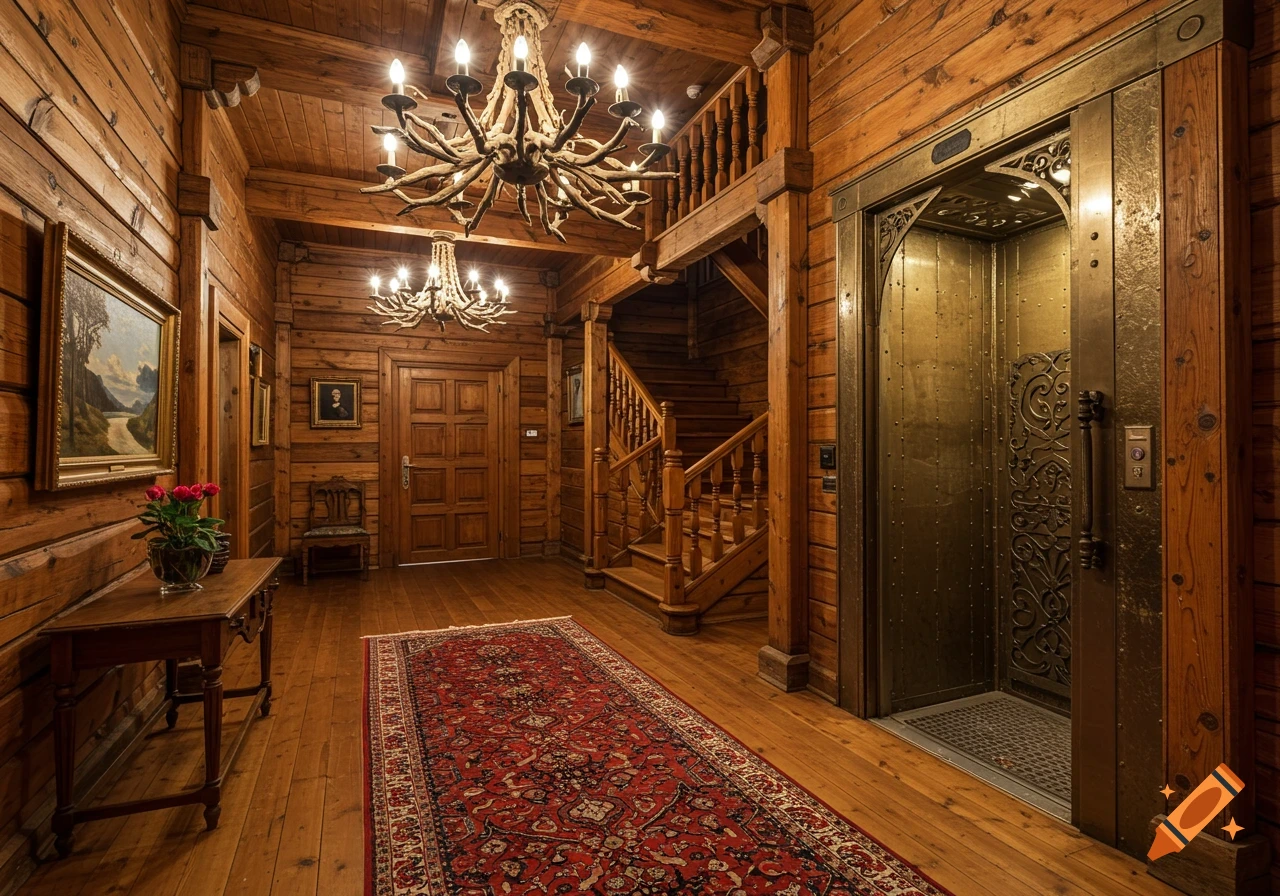 A grand wooden manor hall with a long red patterned rug, two elaborate chandeliers, a wooden staircase, and an ornate brass elevator.