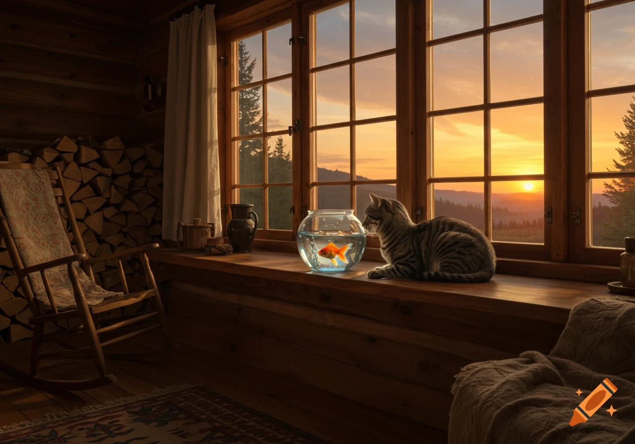 A tabby cat watches a goldfish in a bowl on a wooden windowsill at sunset in a rustic cabin.