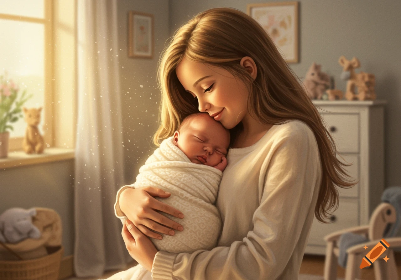 A young woman gently holds a sleeping newborn baby wrapped in a white blanket in a warm, sunlit room.