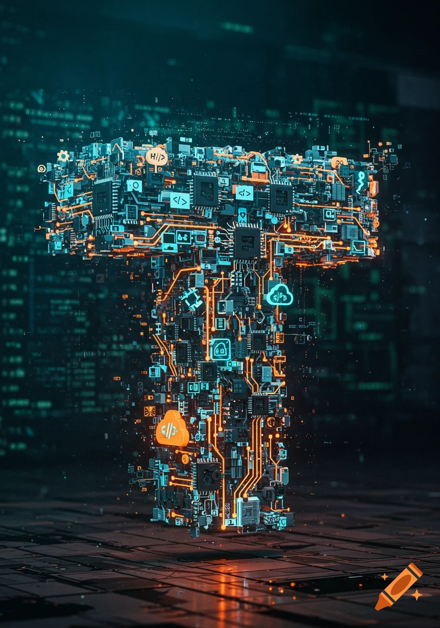 A capital T made of glowing circuit boards and digital symbols, set against a dark, tech-inspired background.