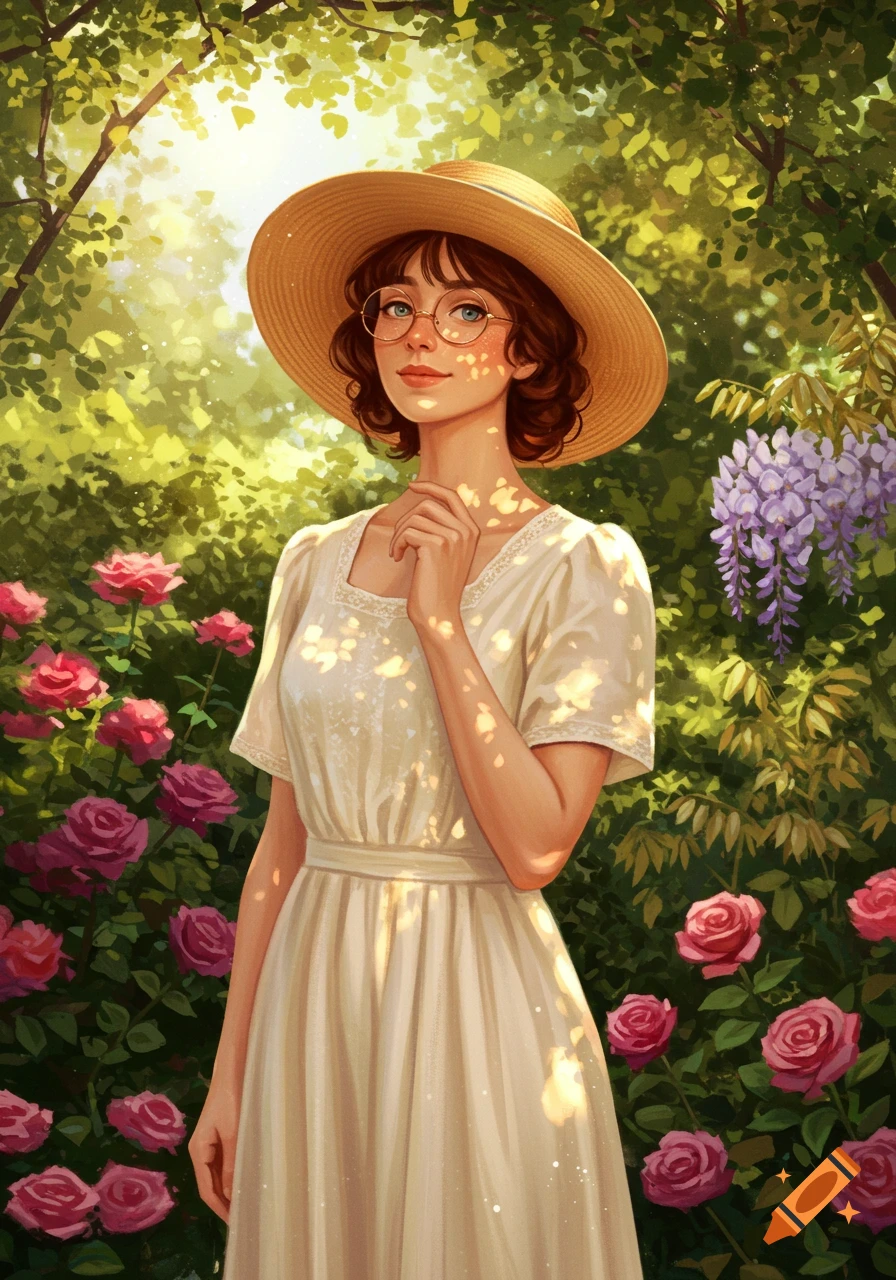 Stylized illustration of a woman in a straw hat and glasses standing in a sunny garden with roses and wisteria.