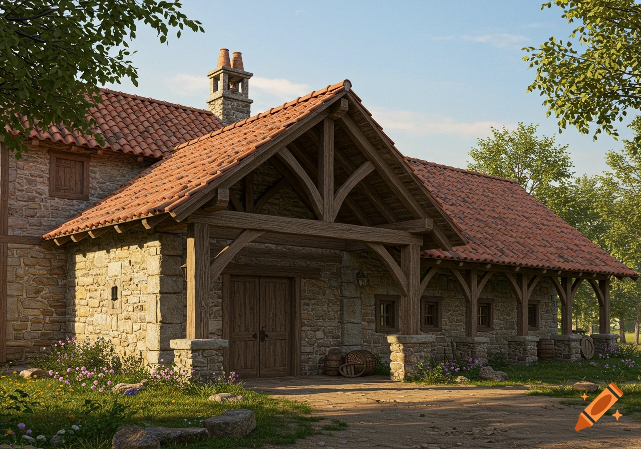 A rustic stone and wood building with a red tiled roof, set amidst green grass and trees under a clear sky.