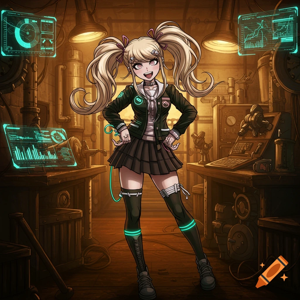 An anime girl with blonde pigtails and a dark green uniform stands in a steampunk-style lab with glowing screens.