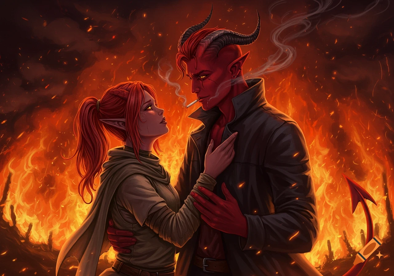 Illustration of two tieflings, a red-skinned male smoking and a red-haired female, embracing in a fiery, dark fantasy landscape.