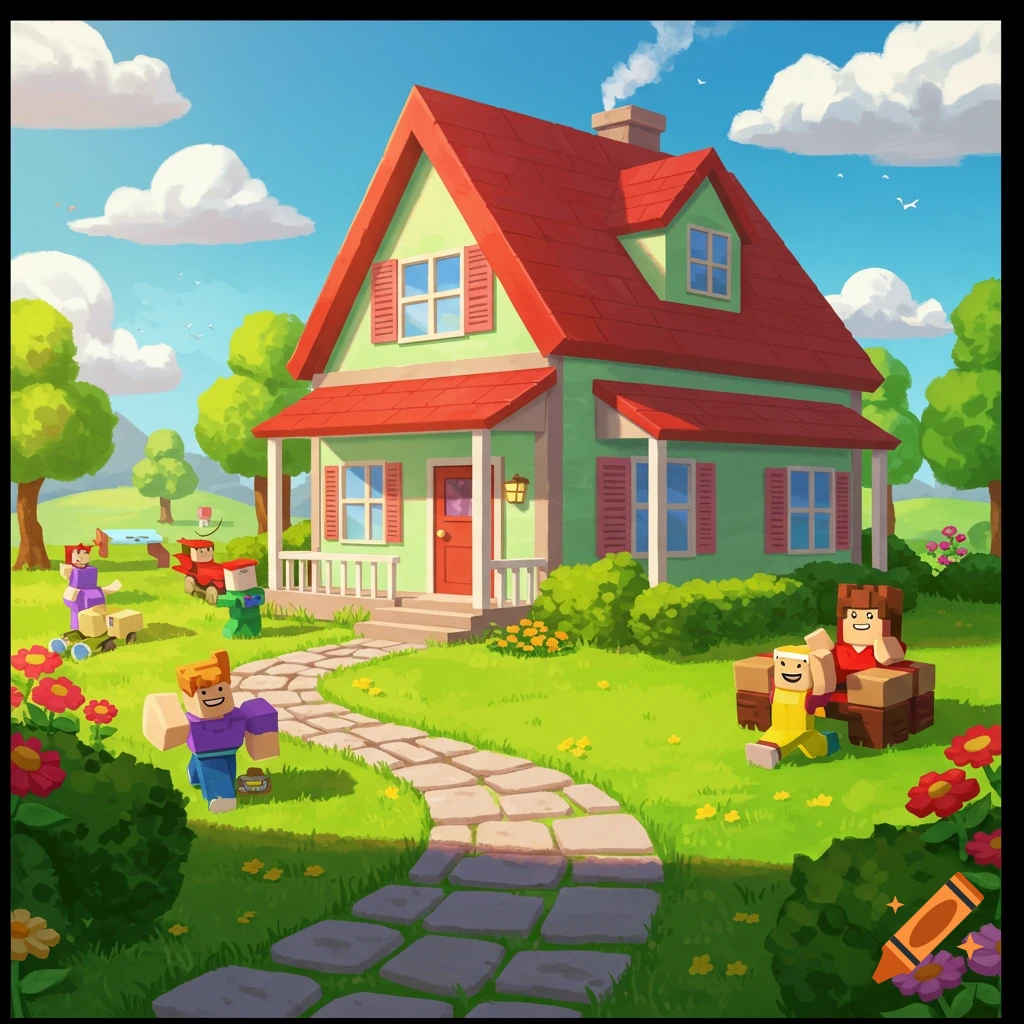 Colorful blocky cartoon illustration of a house with children playing in a sunny yard, in a Roblox-like style.