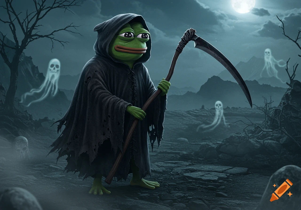 Pepe the Frog dressed as the Grim Reaper, holding a scythe, stands in a foggy graveyard under a full moon with ghostly figures.