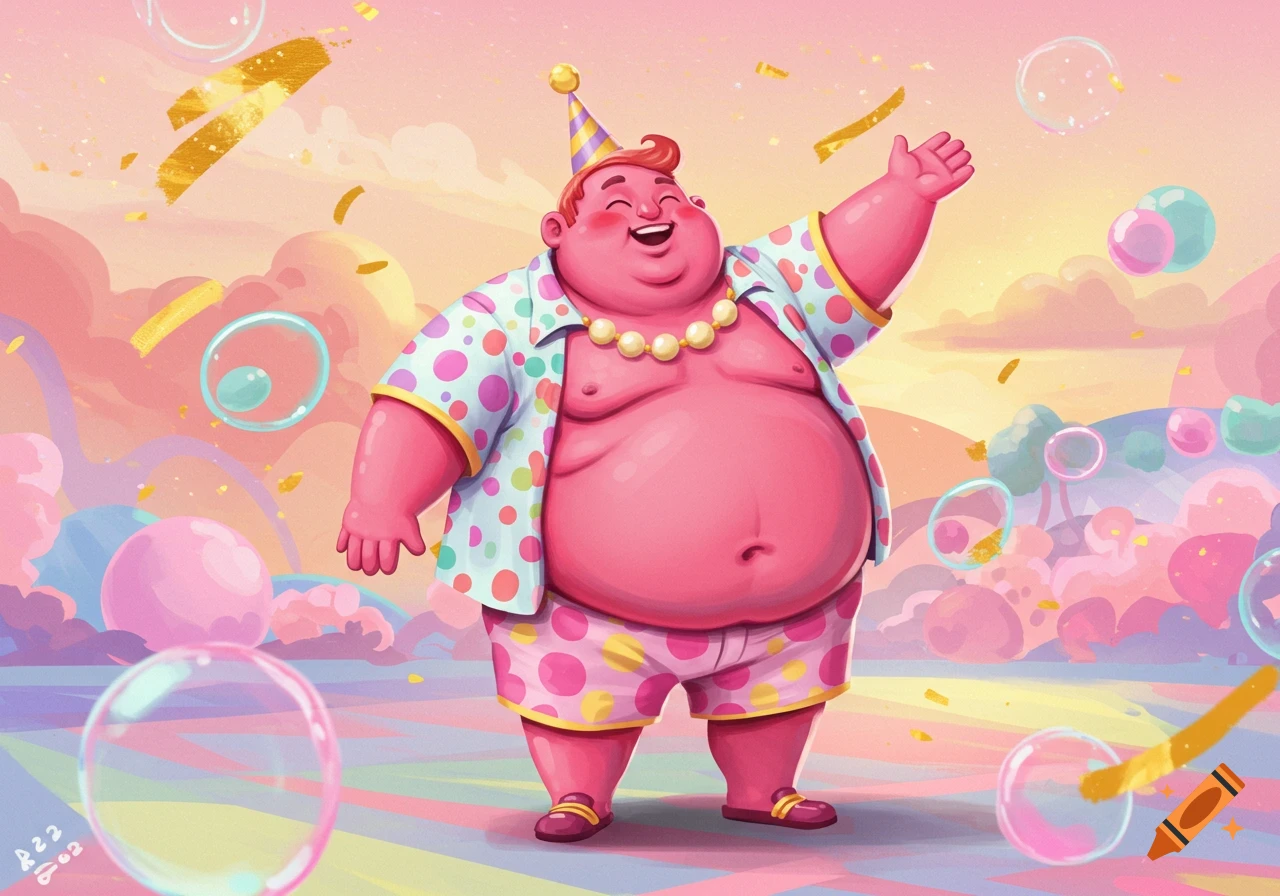 A cheerful, rotund, pink cartoon man wearing a party hat, polka-dot shirt and shorts, and a lei, celebrating among colorful bubbles and confetti in a whimsical, pastel landscape.