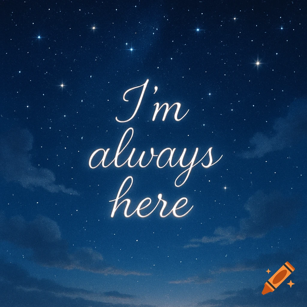 A dark blue starry night sky with wispy clouds, featuring the glowing white cursive text 'I'm always here'.