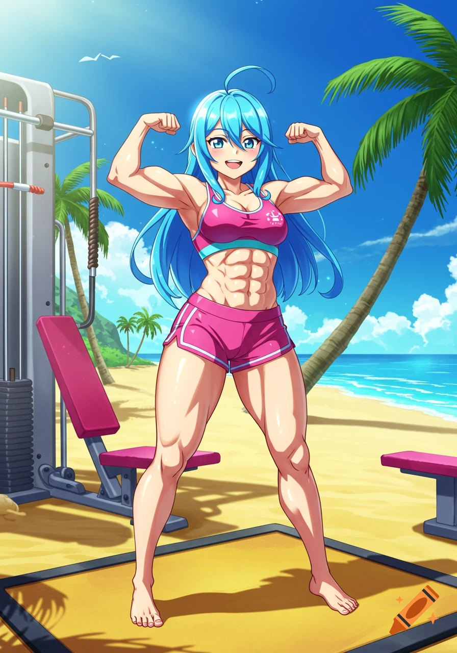 An anime girl with blue hair and a muscular physique flexes her biceps at a sunny beach gym.