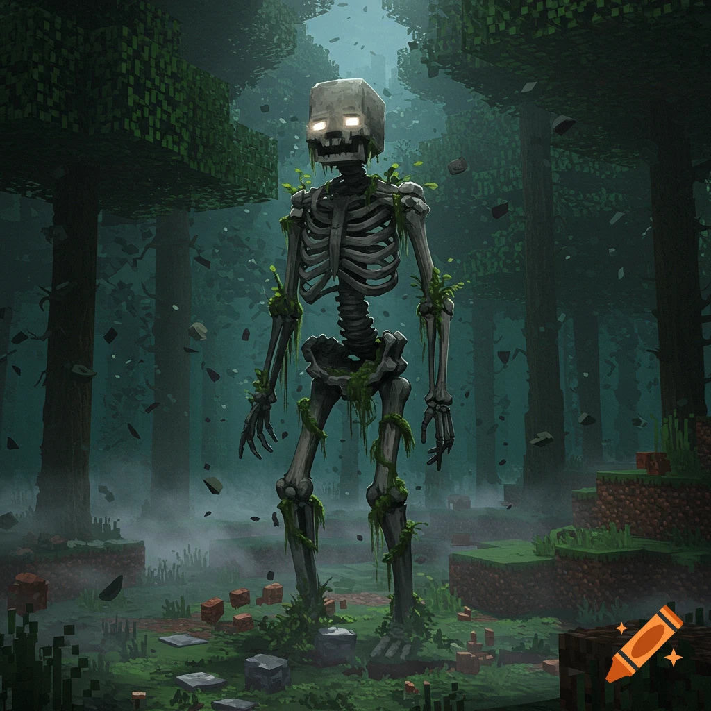 A moss-covered Minecraft-style skeleton with glowing eyes stands in a dark, misty blocky forest with floating blocks.