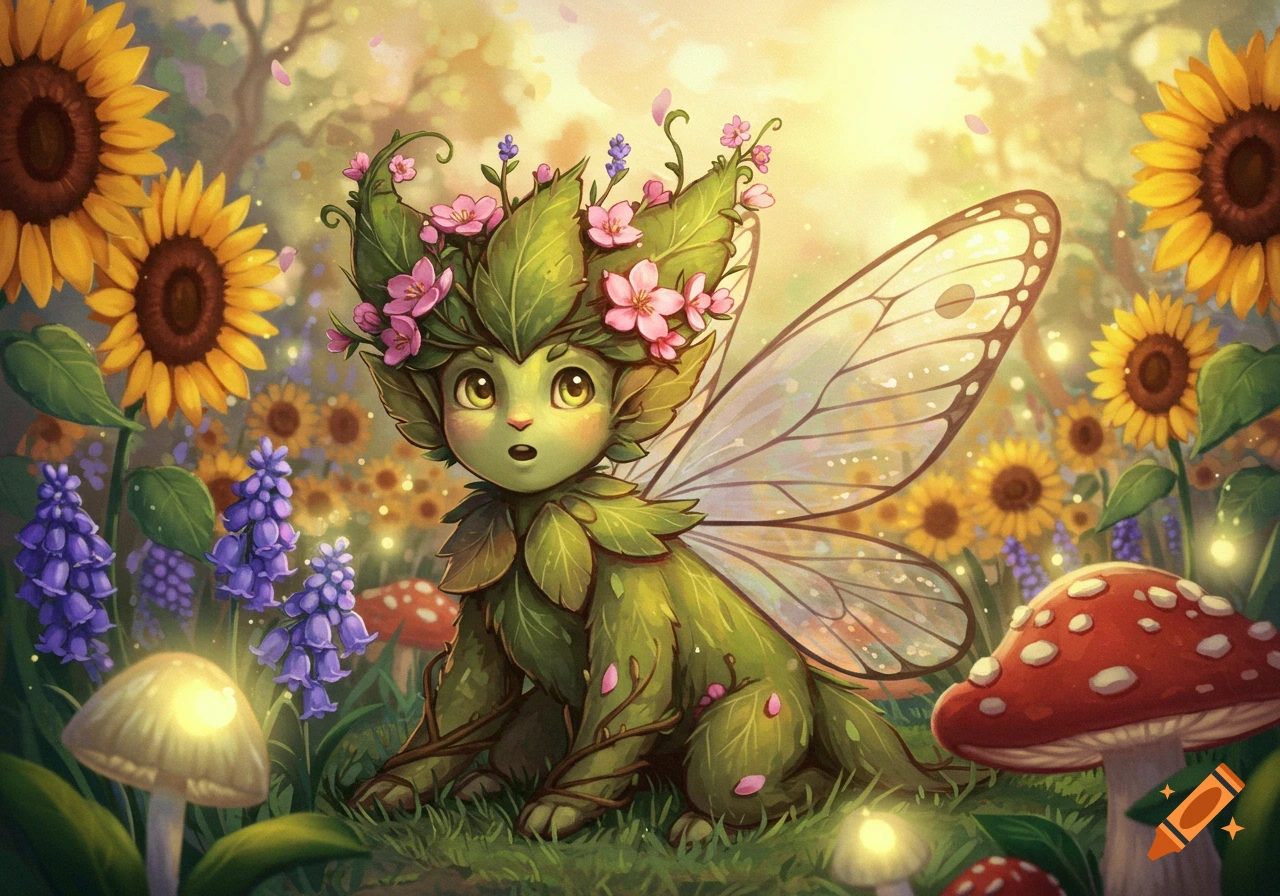A cute, leafy fairy creature with delicate wings and a flower crown sits in a vibrant, sunny forest with sunflowers and glowing mushrooms.
