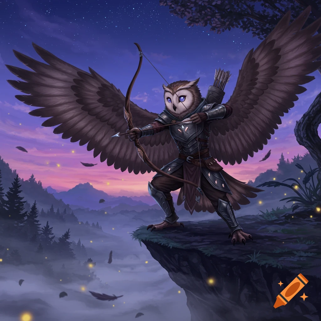 An Owlin arcane archer in dark armor, aiming a bow on a cliff overlooking a misty valley at sunset under a starry sky.