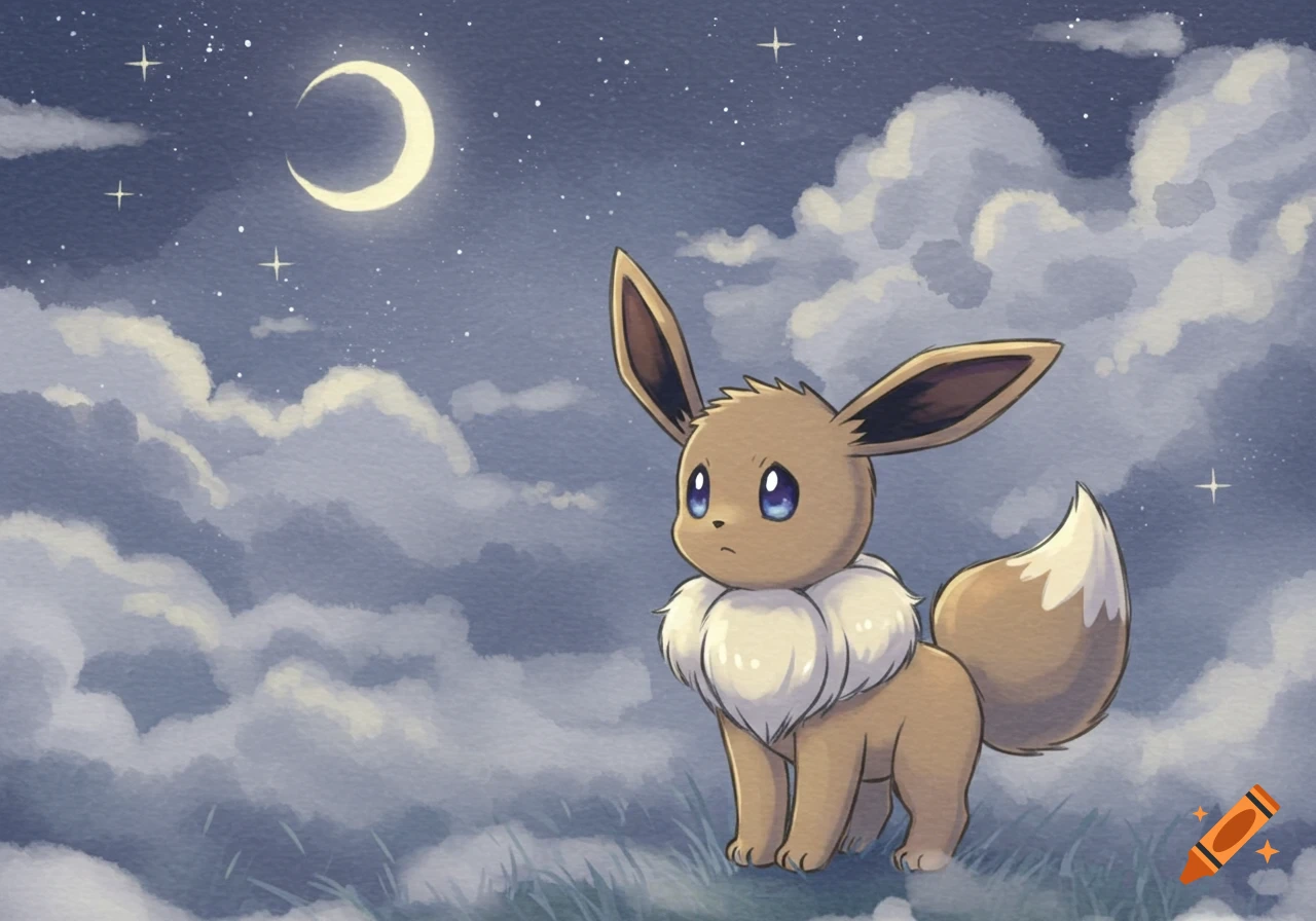 A watercolor illustration of Eevee looking up at a crescent moon and stars in a cloudy night sky.