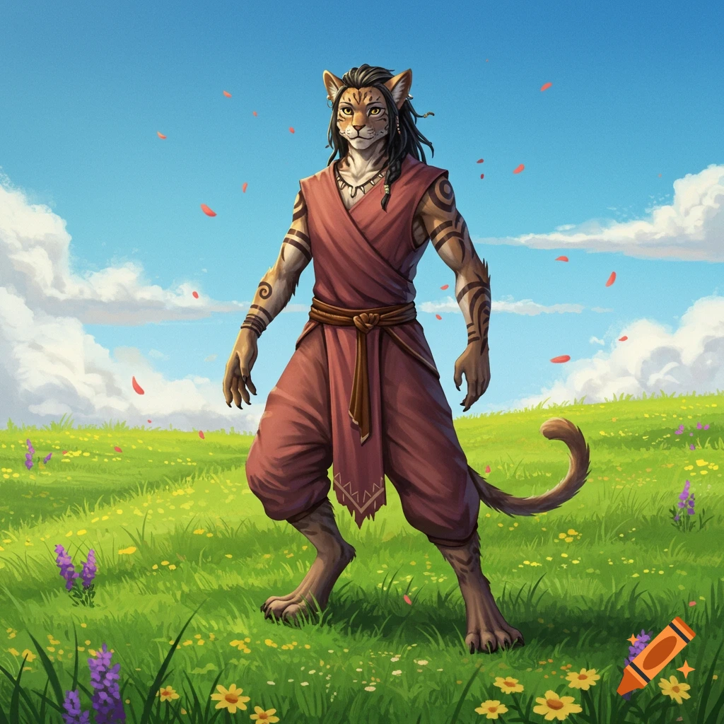 Feline humanoid in a red tunic stands in a green field with falling red petals under a blue sky, in a vibrant fantasy art style.