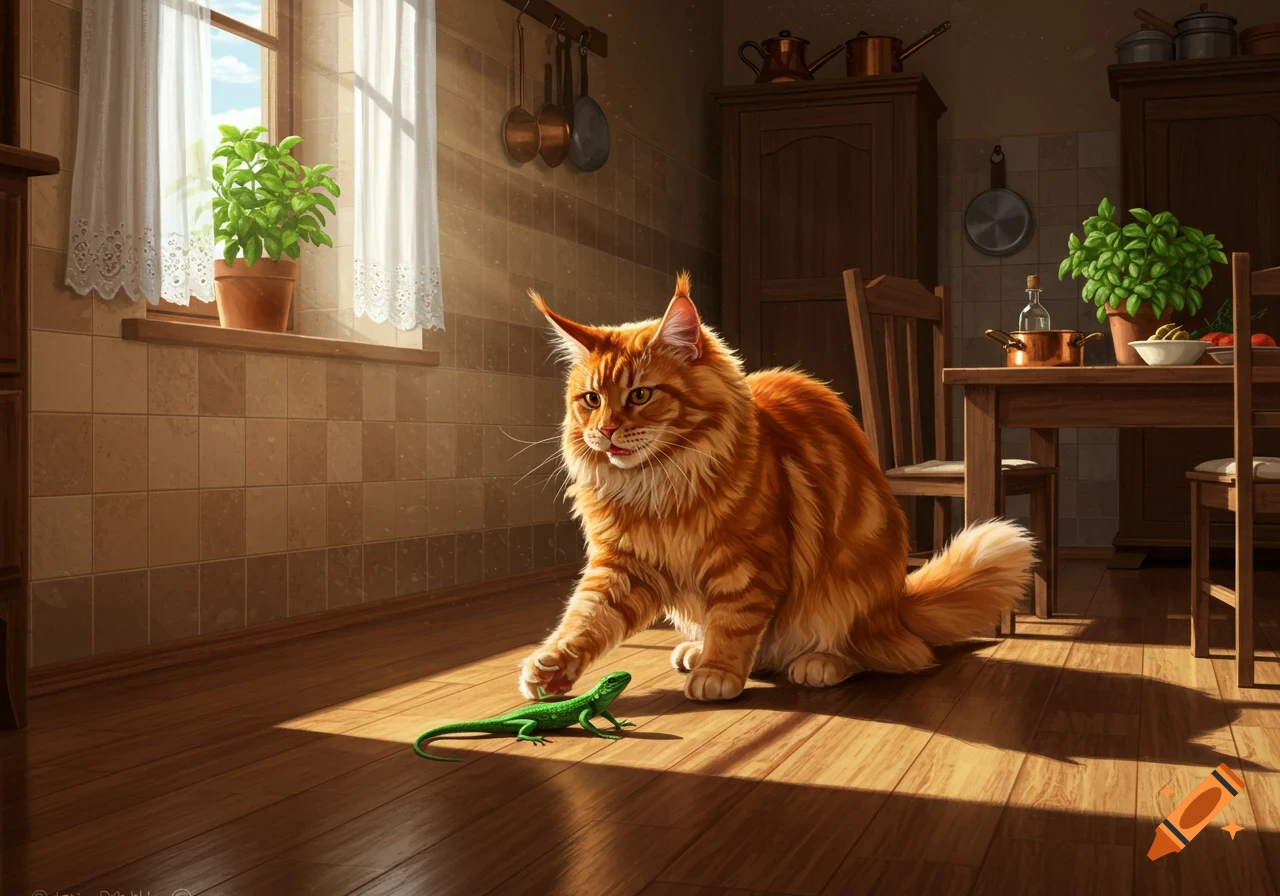 A large fluffy orange Maine Coon cat playfully paws at a small green lizard on a sunlit wooden kitchen floor.