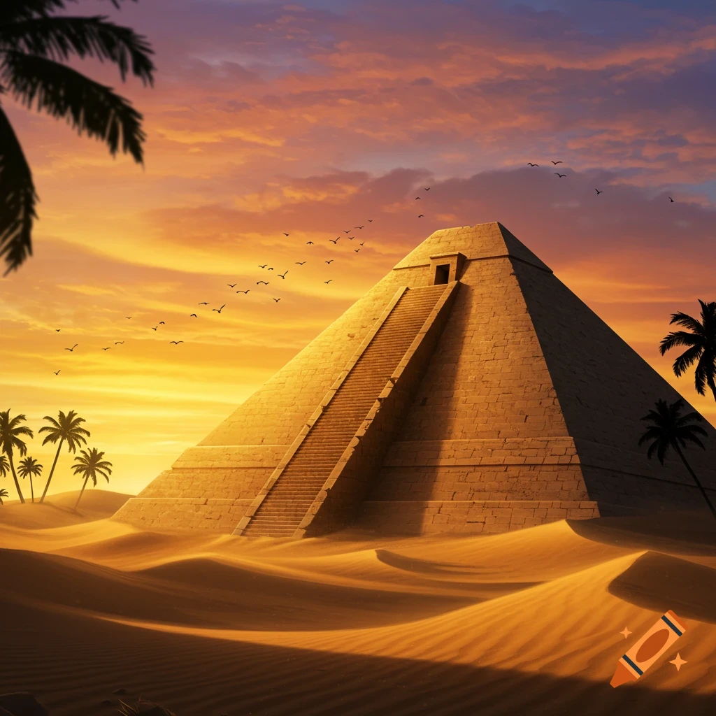 A majestic ancient pyramid in a desert landscape with sand dunes and palm trees under a vibrant orange and purple sunset sky.