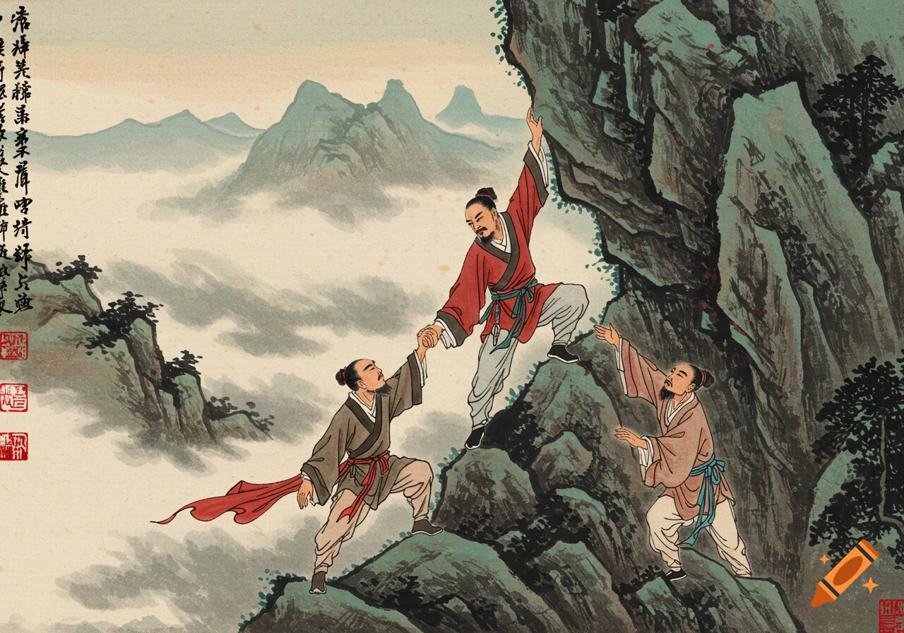 Three men climb a misty mountain cliff, helping each other, in a traditional Chinese ink wash painting style.
