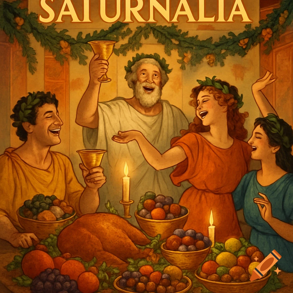 Illustration of people in ancient Roman attire celebrating Saturnalia with a feast of turkey and fruits.