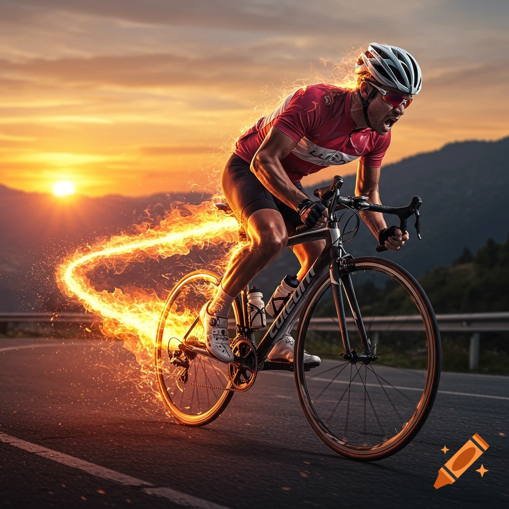 A muscular male cyclist with a determined expression races a road bike at sunset, leaving a fiery trail behind him.