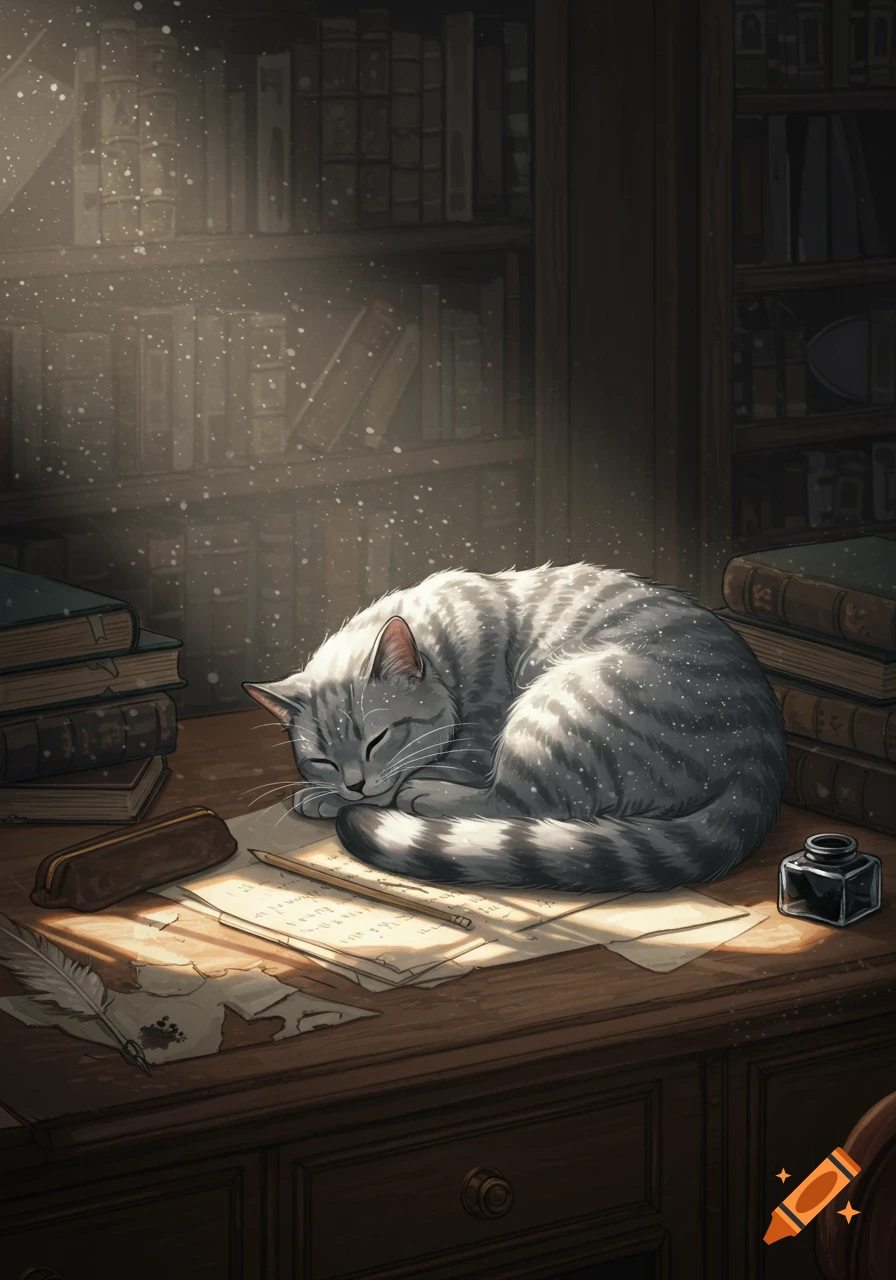 A gray tabby cat sleeps curled on a wooden desk with papers, a quill, and books, illuminated by a sunbeam. Illustrative style.